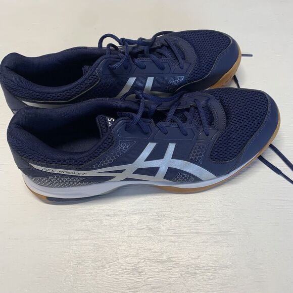 ASICS Mens Gel Rocket 9 shoes size 11.6 US Blue Silver White - Picture 1 of 10